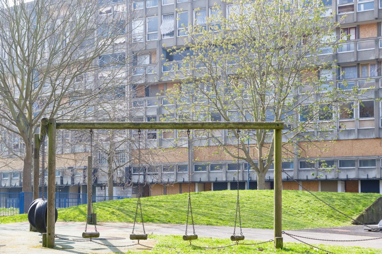 Communal playground at council housing block, Robin Hood Gardens, in London